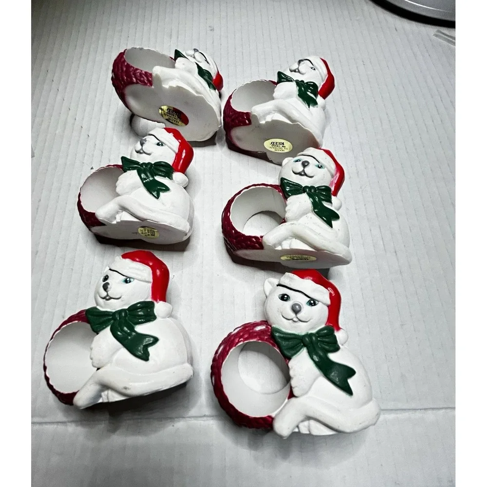 Hand Painted Ceramic Polar Bear Christmas Napkin Rings, Set of 6 White Red Green